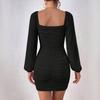 European and American Square Collar Pleated Hip-wrapped Dress, Bubble Long-sleeved Slim-fitting and Thin Spice Girl Skirt