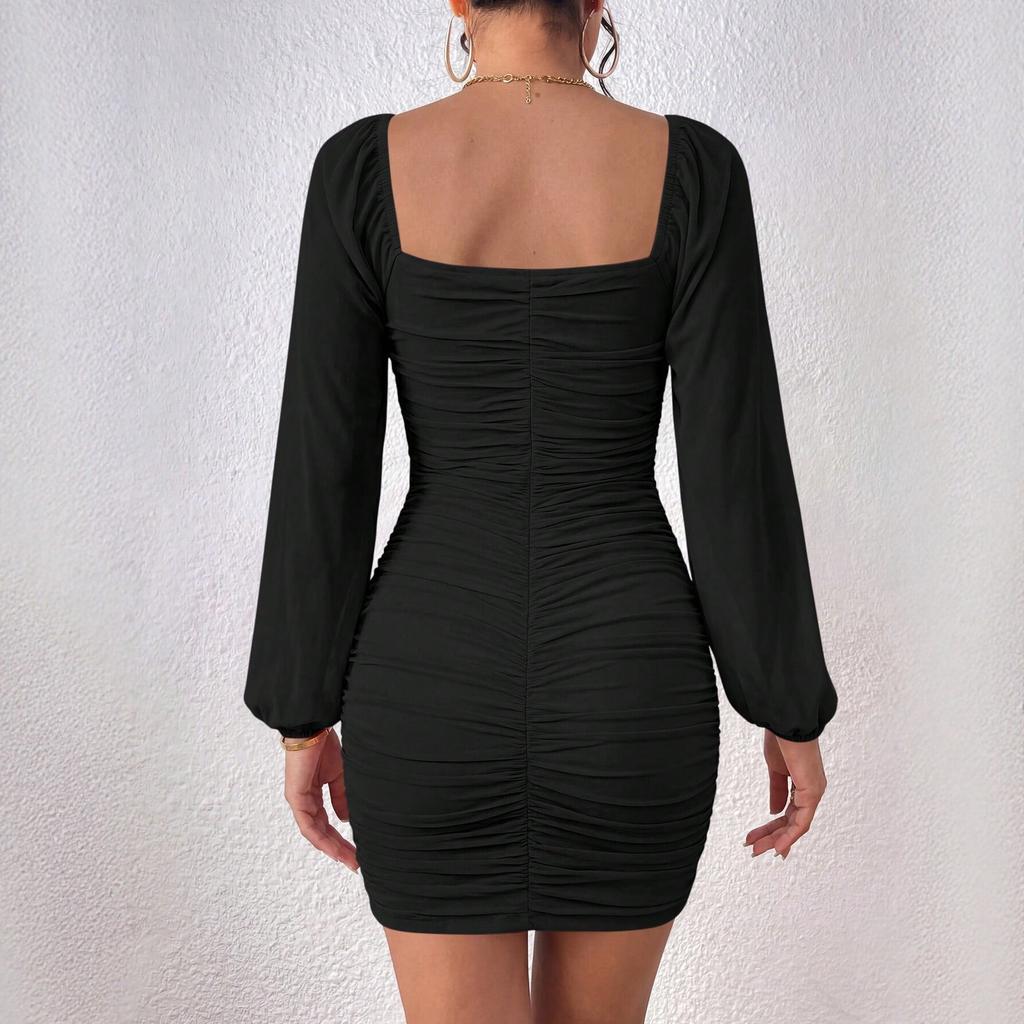 European and American Square Collar Pleated Hip-wrapped Dress, Bubble Long-sleeved Slim-fitting and Thin Spice Girl Skirt