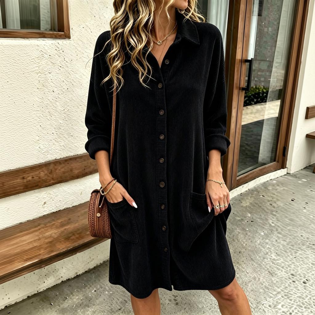 Vestido Camisa Midi de Pana para Mujer con Cuello Solapa y Bolsillos, Color de Corte Holgado