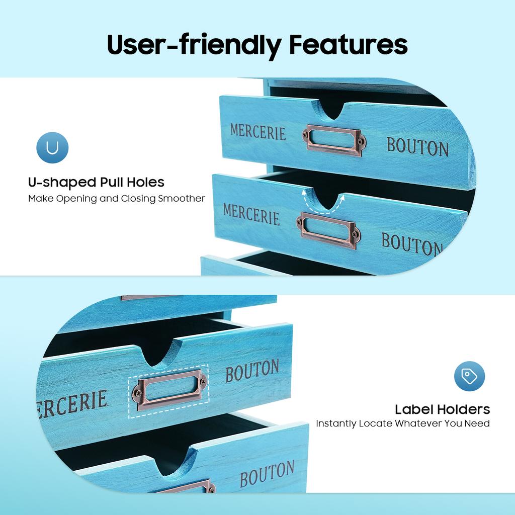 Vintage Blue 5-Tier Drawer Organizer, Pine Wood Desktop Storage Cabinet for Office, Jewelry, Cosmetics, Spice,No Assembly Needed
