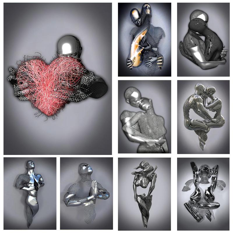 

Абстрактная парная скульптура, холст, картины, красное сердце, металлическая статуя, постеры и принты, настенное искусство для гостиной, настенный декор, Cuadros