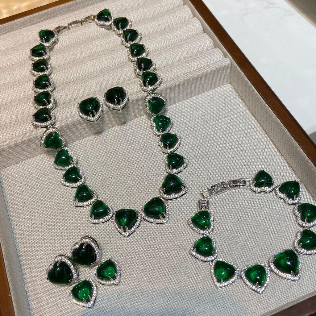 Necklace Bohemian Zircon Emerald Love Stud Earrings Women With Skirt Necklace Bracelet Cover