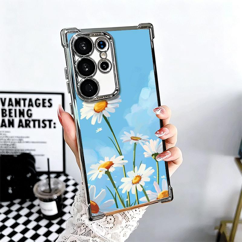 Daisy Flowers Aesthetics Plating Phone Case For Samsung Galaxy S24 S25 FE S26 Edge S23 Ultra S22 S21 Plus S20 Anti-Fall Airabag