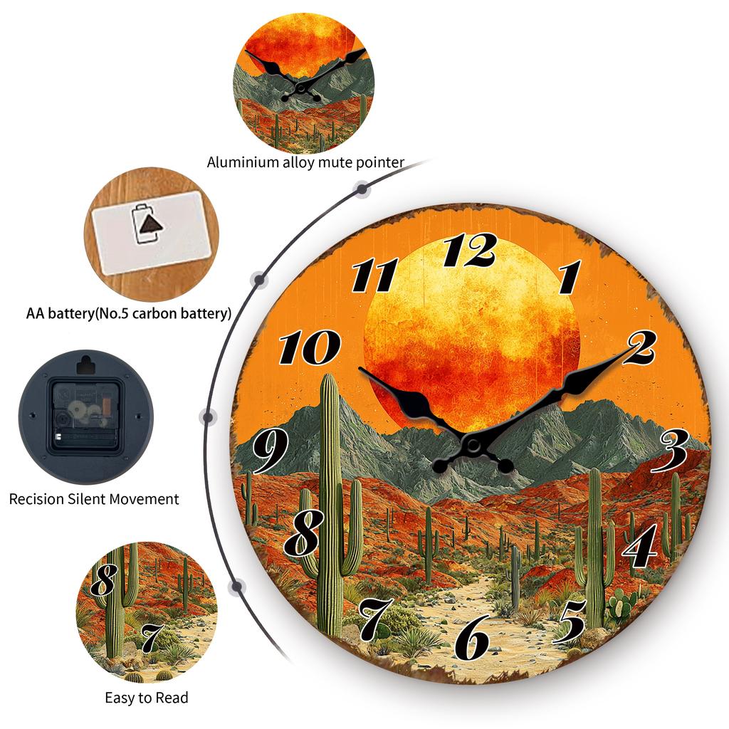 Desert Sunset Scene Round Wall Clock, Vibrant Cacti and Mountain Decorative Timepiece, Southwestern Style Clock for Home & Offic