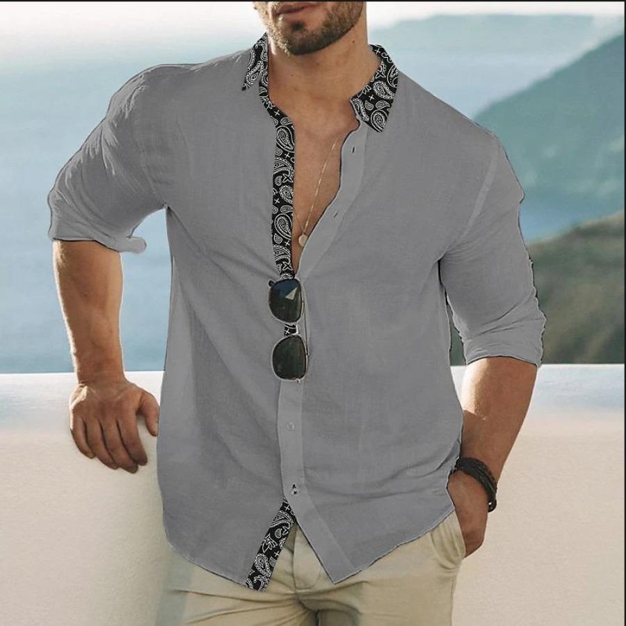 Men's Top Long Sleeve Color Print Patchwork Lapel Shirt Youth Home Man Grey Blue Fashion Cotton Linen Shirts