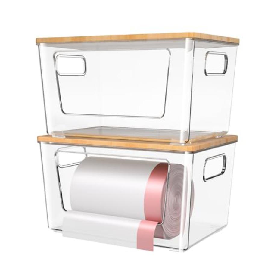 

2 Pack Stackable Bamboo Lid Trash Bag Holder Extra Large Garbage Bag Dispenser for Kitchen Laundry Room Under Sink Organization United States