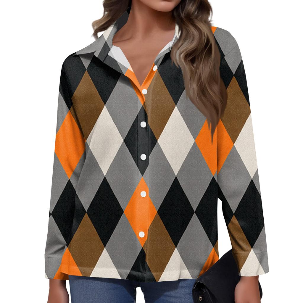Women's Casual Fashion Plaid Print Half-Open Collar Long Sleeve Shirt