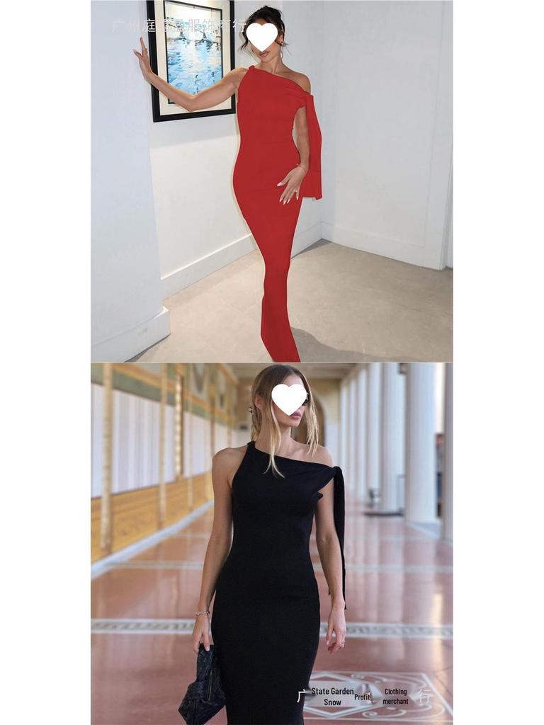 Women's Elegant One-Shoulder Summer Dress - Solid Color Draped Fashion