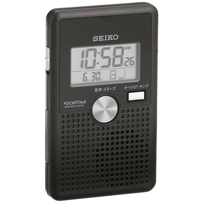 Seiko Clock Alarm Clock Radio Digital Bilingual Voice Alarm Striking POCKETTALK Black Metallic DA208K. 10.8x6.7x1.1cm