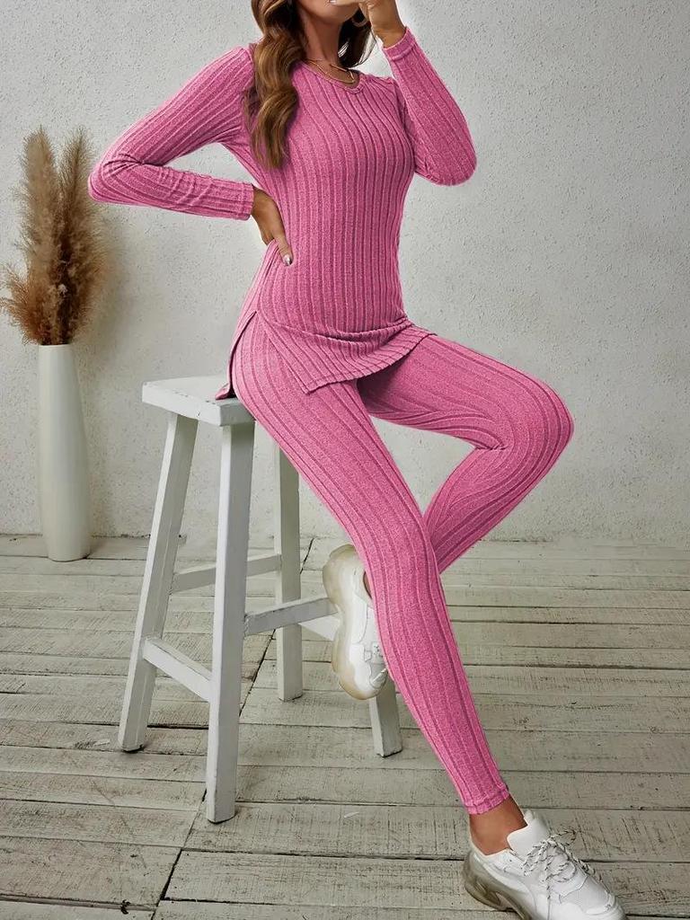 Conjunto Casual de Primavera 2025 con Top de Manga Larga con Cuello en V y Abertura y Pantalón