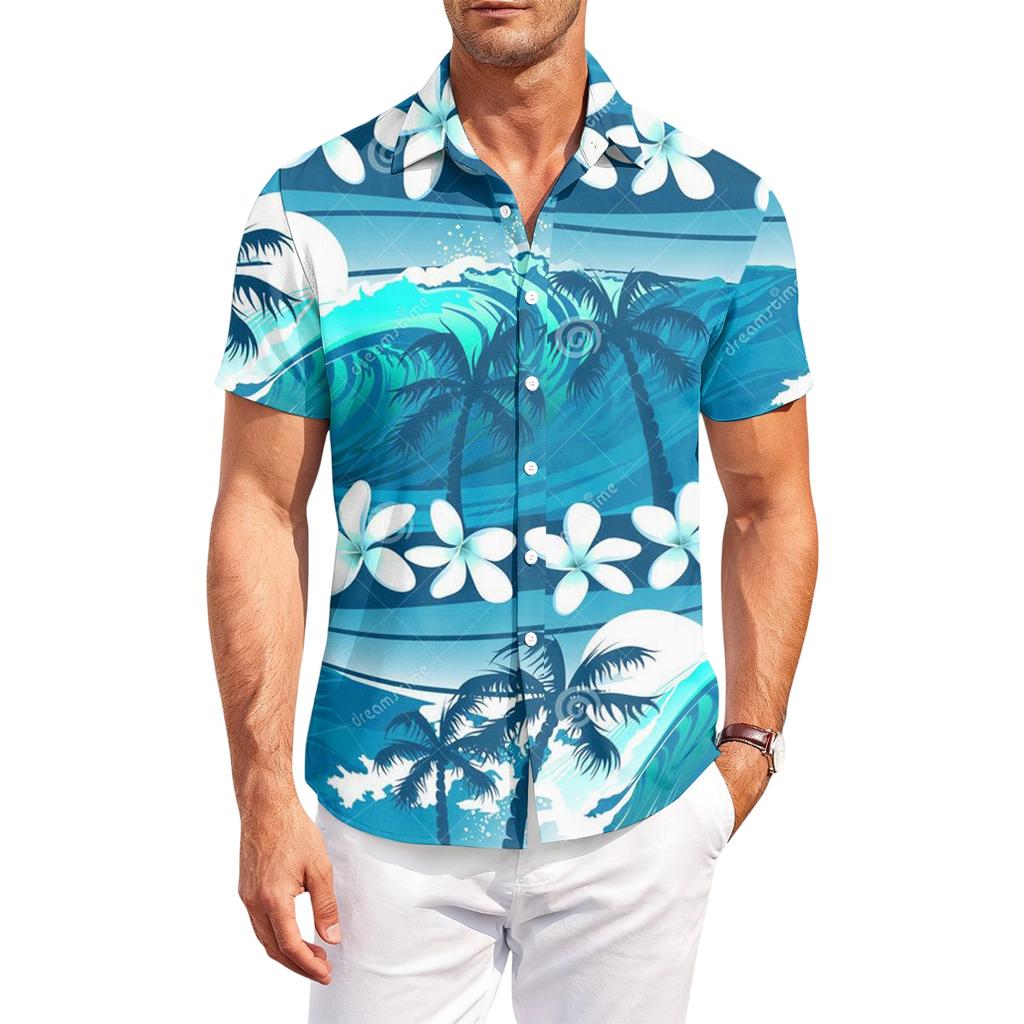 Men’s Hawaiian Print Short Sleeve Button Down Shirt Casual Outdoor Collared Summer Lightweight Relaxed Fit Top