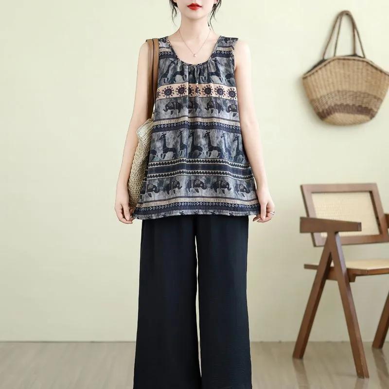 Modische Neue Runde Hals Ärmellose Weste Locker Damen Freizeit Bedruckte Retro Tops Unterhemden Tanktops