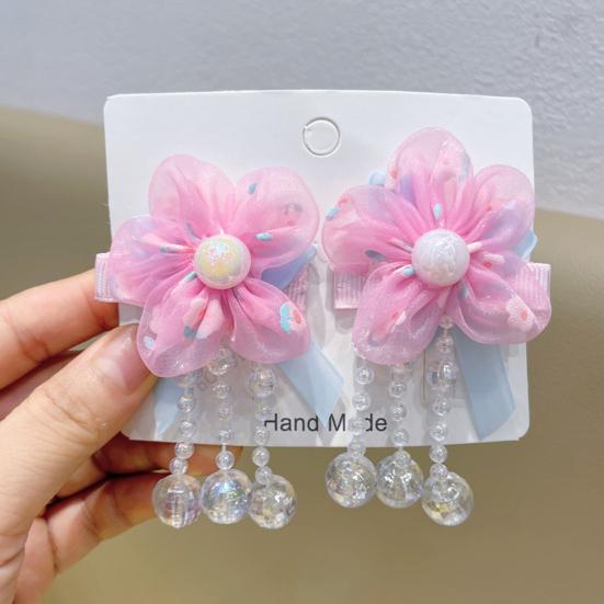 Hairpin Gradient Organza Flowers Bowknot Imitation Pearl Decor with Beaded Tassel Hair Clip