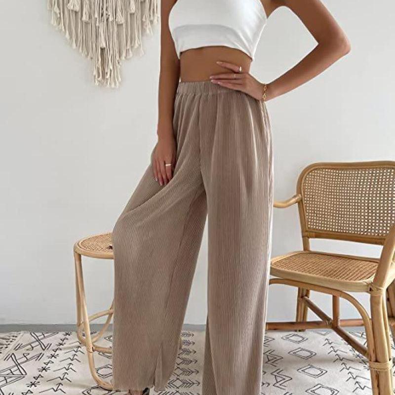 Neue Damen Casual Locker Sitzende Einfarbige Weite Hosen, Plissierte Fließende Hosen mit Drapierter Stoff für Frühling Sommer