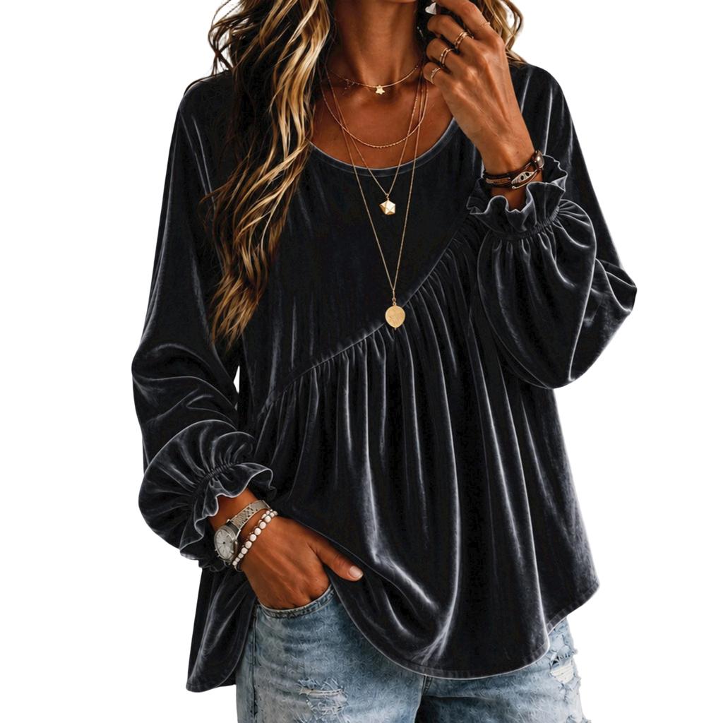 Women's Color Bell Sleeve Top with Round Neck and Long Sleeve