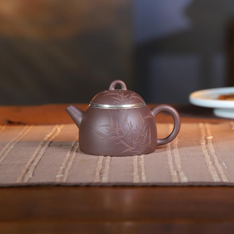 150ml Antique Yixing Purple Clay Teapot Handmade Silver Circle Qin Quan Pot Raw Ore Purple Mud Kettle With Strainer Zisha Teaset