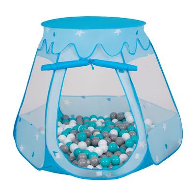 Selonis Namiot do zabawy 105x90cm/100 kulek domek zamkowy pop-up plastikowe kulki dla dzieci, niebieski:biało-szaro-turkusowy