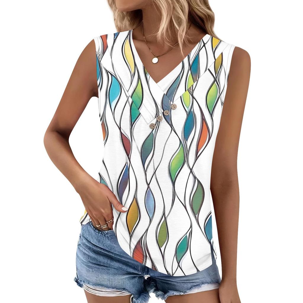 Women's Print Tank Top Button-down V-neck T-shirt Sleeveless Loose Fashion Top
