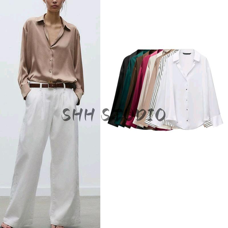 Spring New Women's Clothing Lapel Silk Satin Texture Classic Vertical Shirt 2074580 2074140