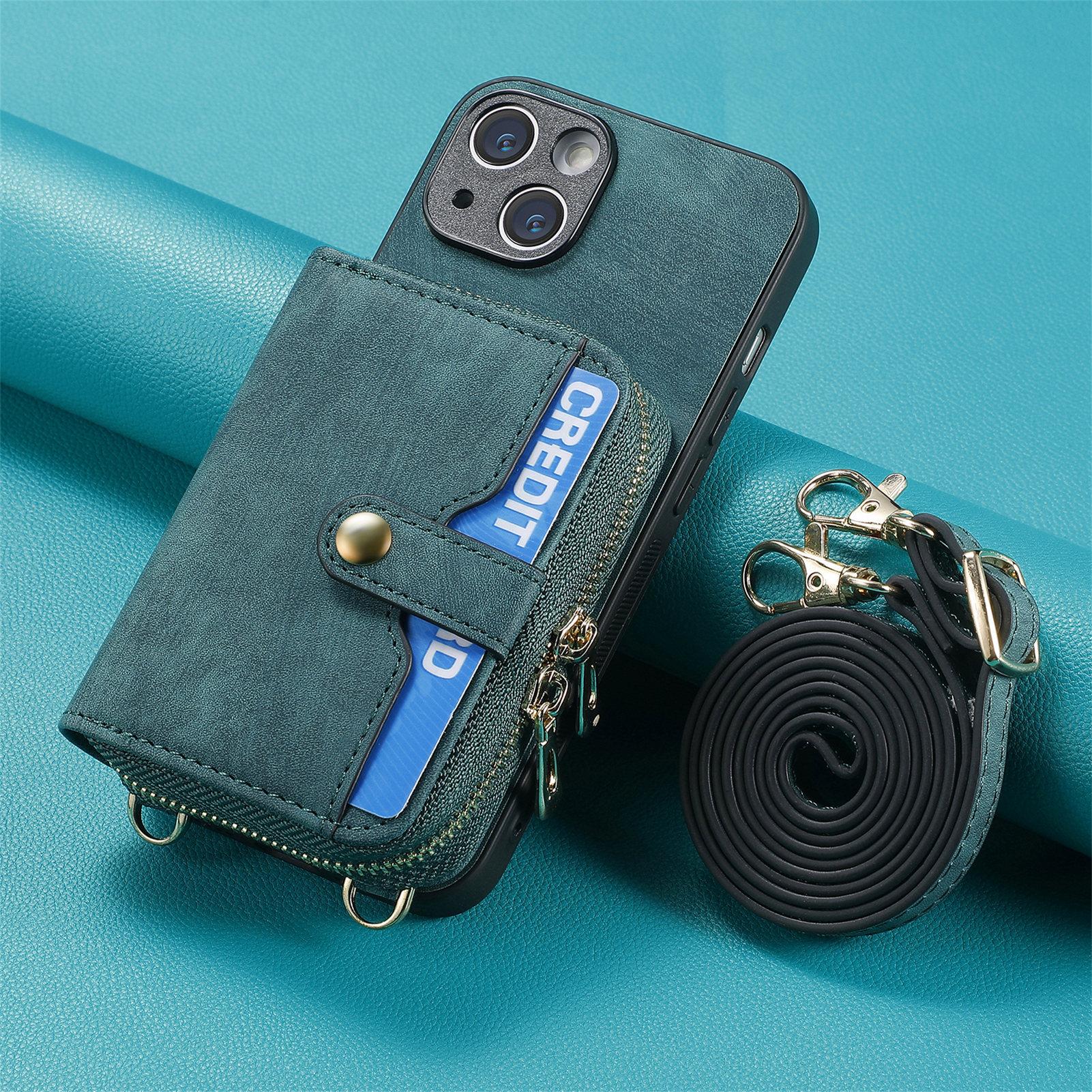 

Чехол-кошелек через плечо на молнии для iphone 14 13 12 11/Samsung S23 S22 S21 S20 A14 A34 A54 A13 A23 A33 A53 A12 A32 A52, кожаный чехол с ремешком для кредитных карт Poco X5pro зелёный