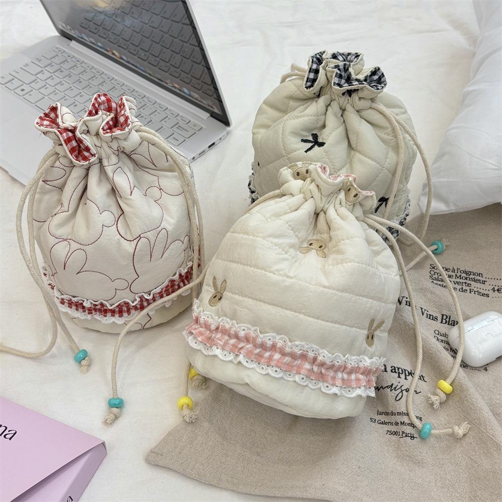 Quilted Cotton Drawstring Women's Cosmetics Storage Bags Travel Portable Ladies Clutch Purse Patchwork Plaid Female Handbags