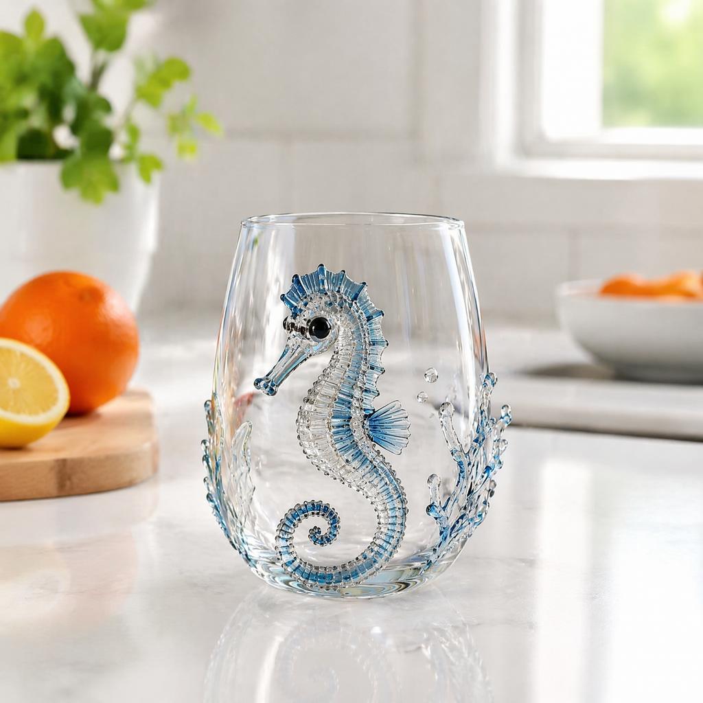 Unique Coastal Style Drinking Glass 12oz Octopus Water Cup Embossed Design Hand Painted Marine Cup for Ocean Lovers Home Bar Decor Decorative Theme