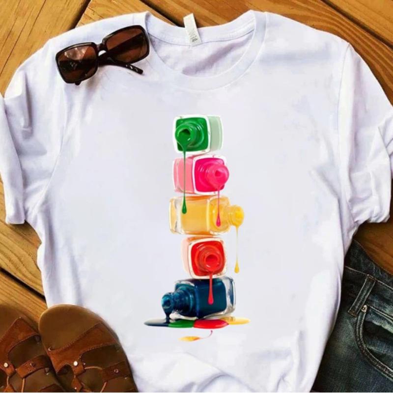 European and American Nail Polish Simple Women's Casual Cute Large Size Short-sleeved T-shirt Women Clothes Tops