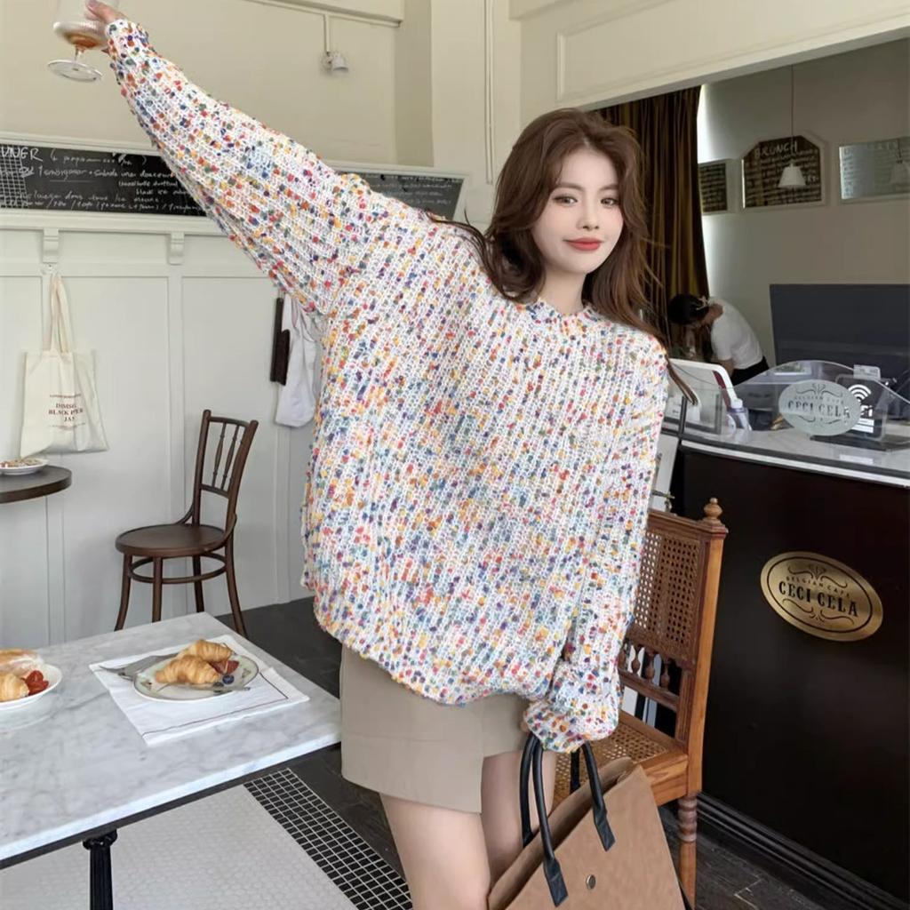 Otoño Invierno Suéter de Punto Niche Retro Colorido para Mujer Estilo Holgado y Perezoso Cuello Redondo Jersey Ropa Exterior Ropa Interior