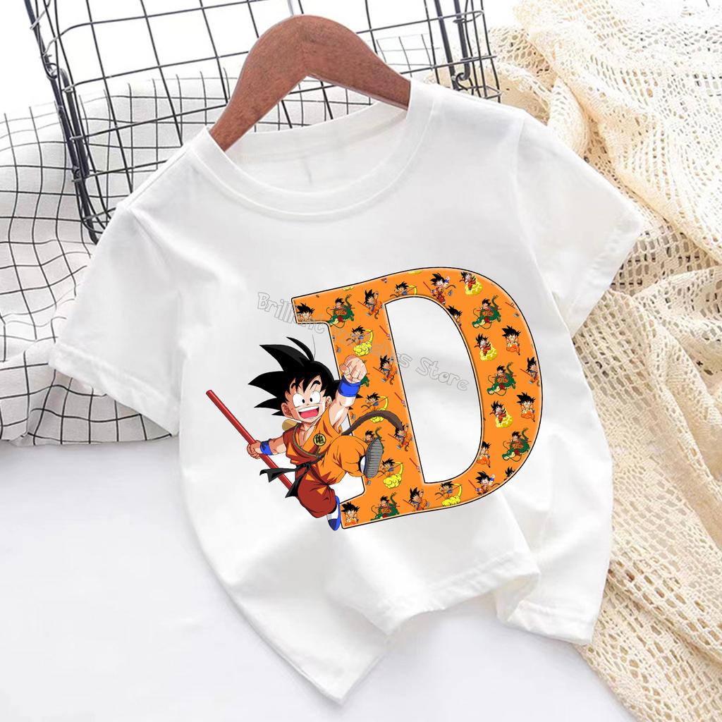 Dragon Ball Goku T-shirt for Children Cartoon Letter A-Z Tee Top Anime Round Collar Clothes Fashion Kids White Clothing Gift