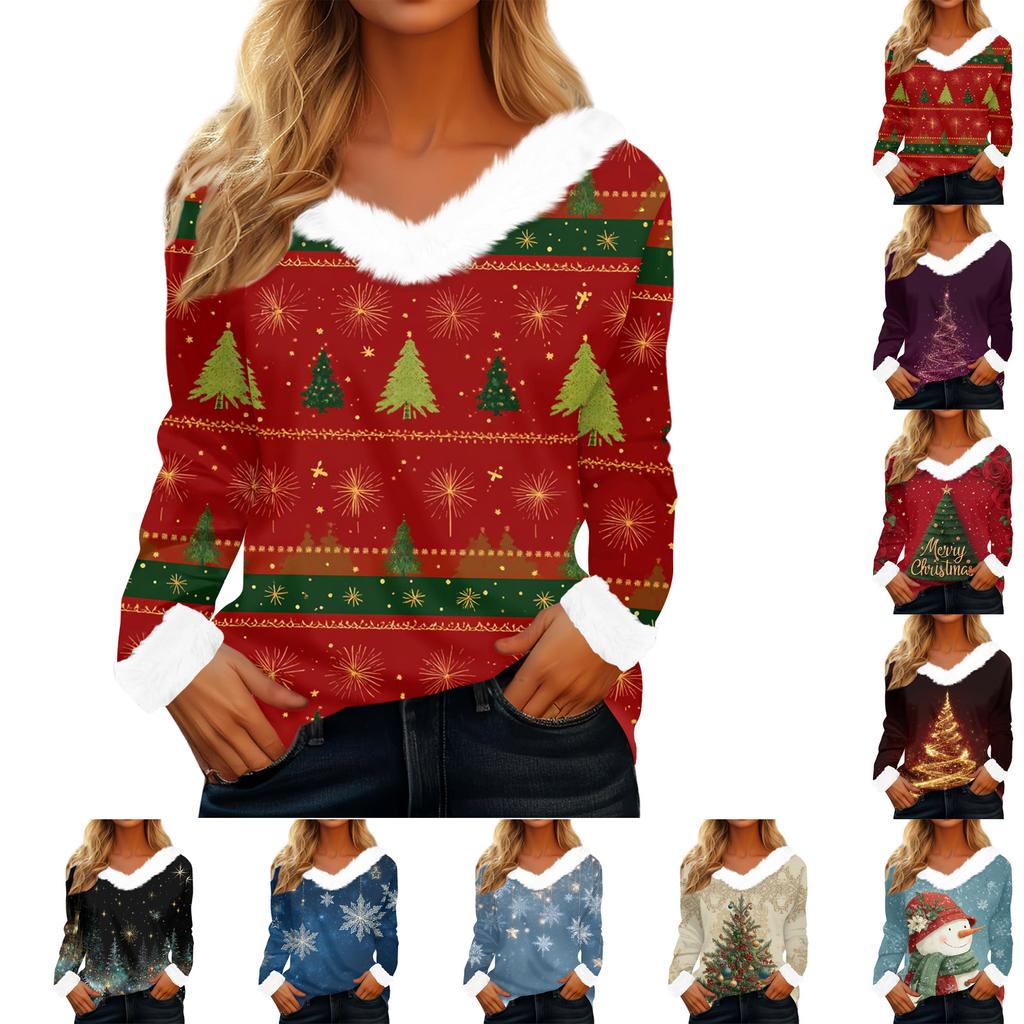 Women's Casual Fashion Long Sleeve Christmas Printed Flannel Collar Top