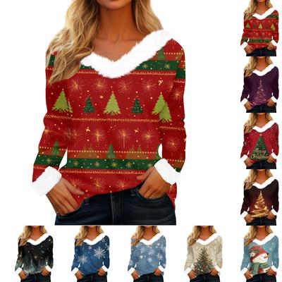 Kadın Günlük Moda Uzun Kollu Noel Baskılı Flanel Yakalı Üst