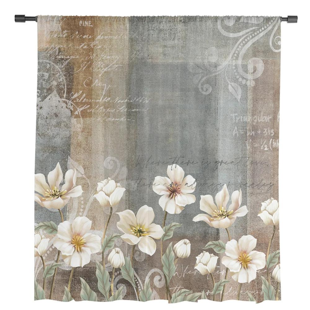 Retro Plant White Flower Abstract Sheer Curtains for Living Room Decoration Window Curtain Kitchen Tulle Voile Organza Drapes