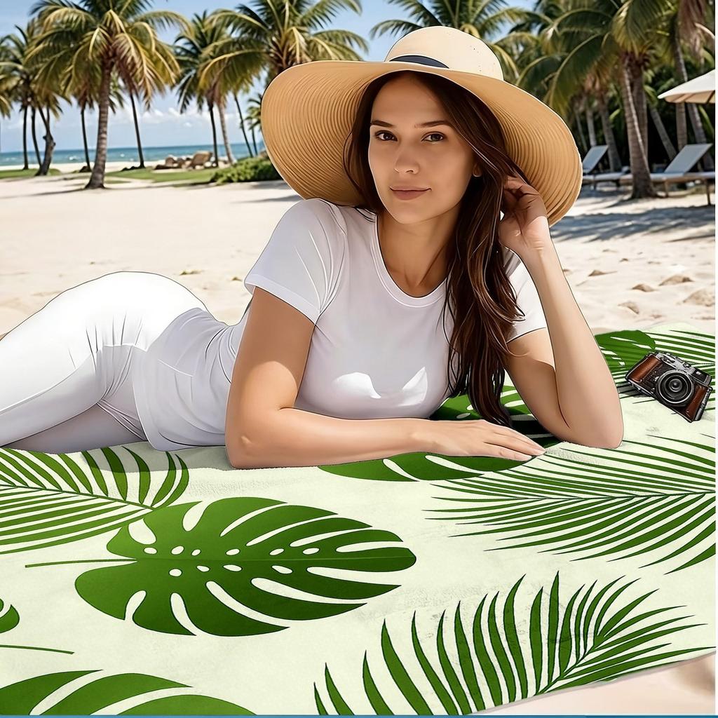 1pc, Tropical Style Oversized Soft Beach Towel, Monstera and Palm Leaf Print Pattern, Microfiber Bath Towel, Quick-Drying, Super