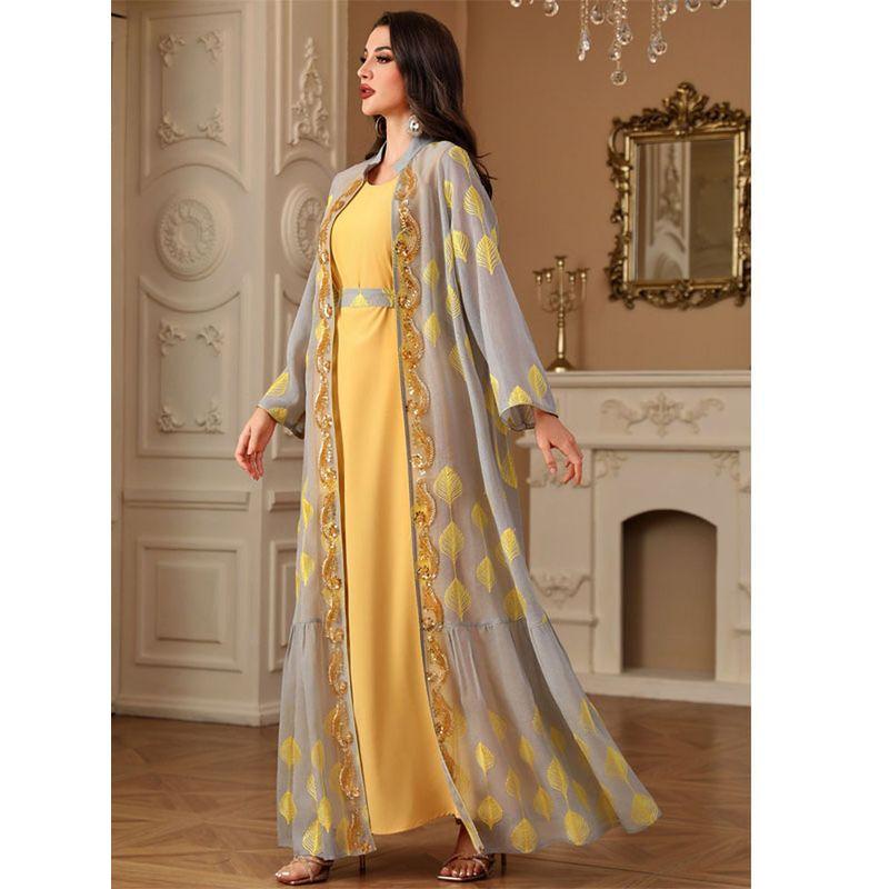 Middle East Cross-Border Robe Women clothes Leaves Embroidery Robe cardigan Two-piece Set Belt Cardigan Dress Dress