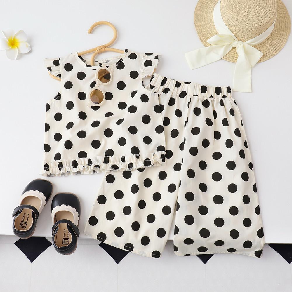 Bear Leader Dots Clothing Sets Baby Girls Summer Flying Sleeves T-shirt and Casual Wide Leg Pants 2-Pieces Suits Kids Clothes 3-7 Years