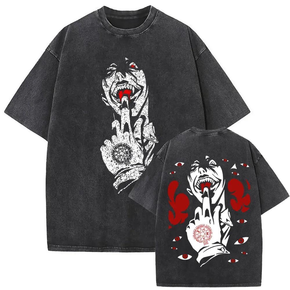 Hot Sale Anime Hellsing Abraham Van Helsing Vampire Alucard Print Tshirt Men Women Vintage Washed Cotton Summer Tee Oversize Top