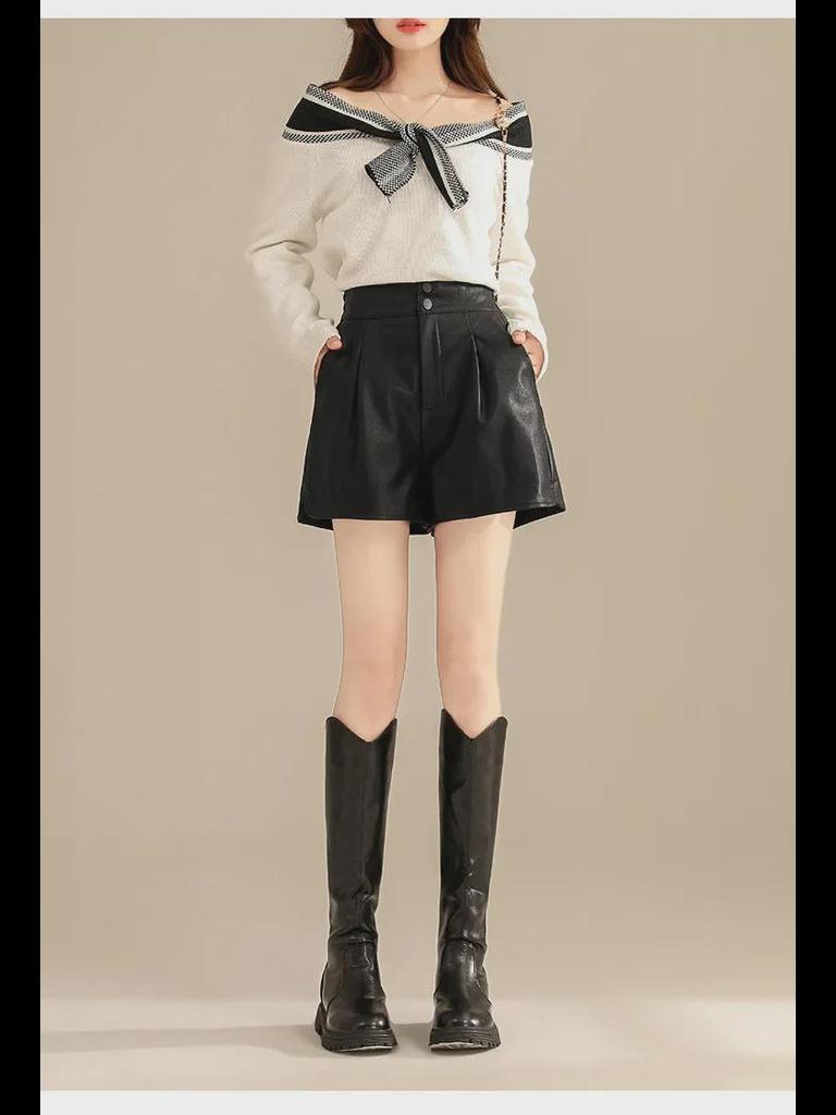 Braune PU-Ledershorts mit hoher Taille in A-Linie für Damen, Herbst/Winter 2025, Slim Fit, lässige Oberbekleidung mit weitem Bein.