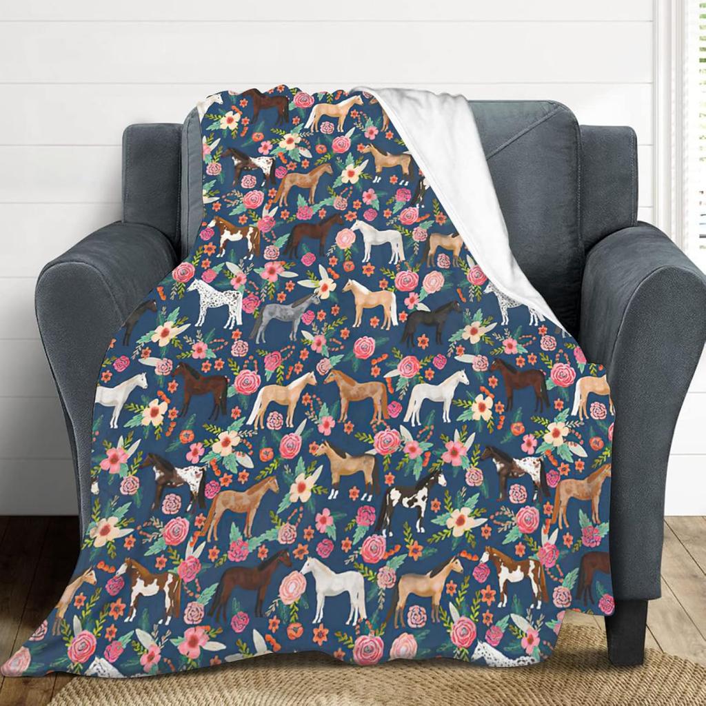 Horse Blanket Gifts for Girls Women Western Horses Flowers Animal Fleece Flannel Throw Blankets Soft Lightweight Horse Plush Stu