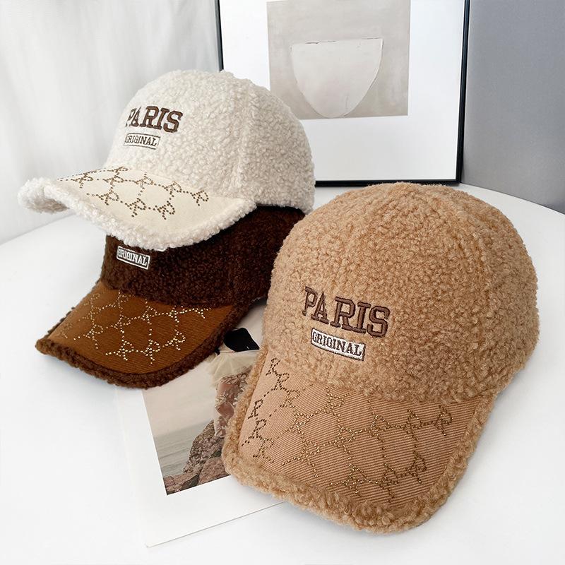 Kapelusz Damski Dżetowy Haftowany Barankowy Aksamit Czapka Baseballowa Zimowa Moda Wszechstronna Odkrywająca Twarz Mała Ciepła Czapka na Dużą Głowę