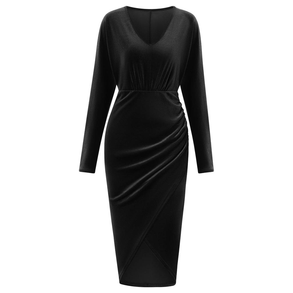Winter Casual V-Ausschnitt Einfarbige Taille Samtkleid Für Damen