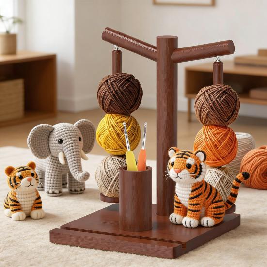 Wooden Yarn Holder Magnetic Rotating Yarn Spinner with 2 Spindles Yarn Dispenser with Phone Stand for Knitting And Crocheting