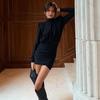 European Style Autumn/Winter 2025 Semi-High Neck Solid Color Long Sleeve Pleated Bodycon Dress