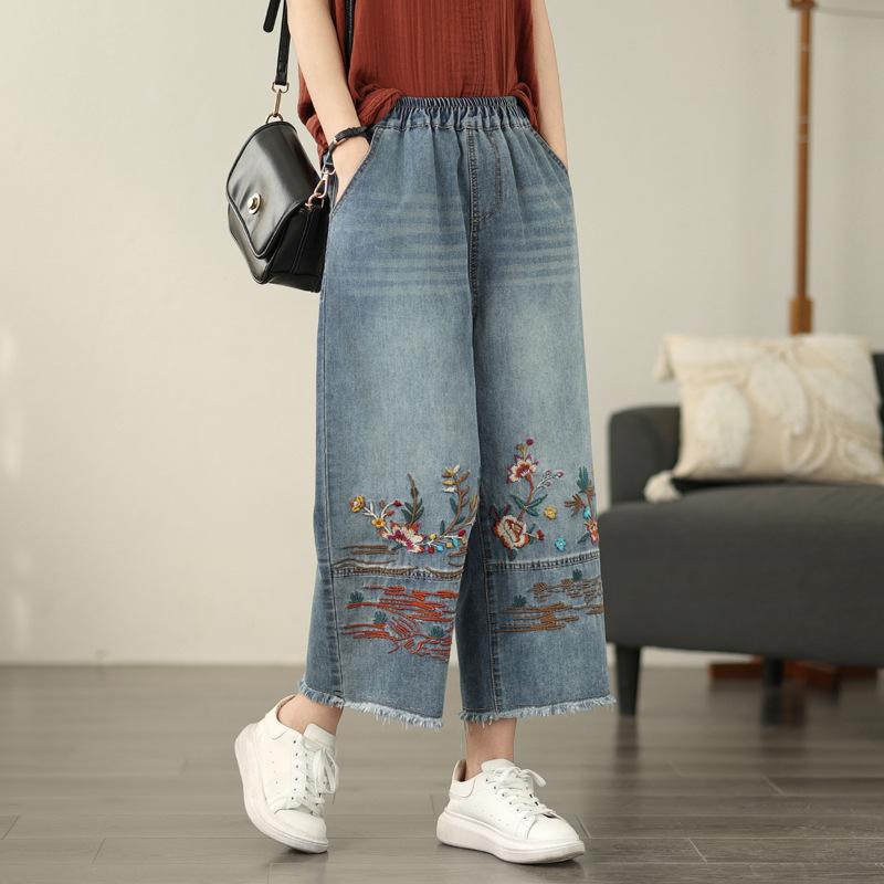 Весенние джинсы женские этнический стиль вышитые эластичный пояс широкие штаны ретро девятиточечные джинсы S