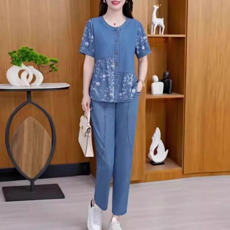 

Костюм 2025 Новинка Женский Повседневный Мама Летняя Одежда Короткий Рукав Среднего Возраста Мода Принт Тенсел Комплект из Двух Предметов Летний Полный Комплект Light Blue 5XL