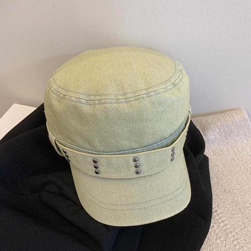 Koreanische Retro-Denim-Barettmütze mit flachem Oberteil für Damen für Frühling und Herbst Großer Kopfumfang Gesicht zeigend Kleine Schirmmütze Alte gewaschene Mütze Trendig