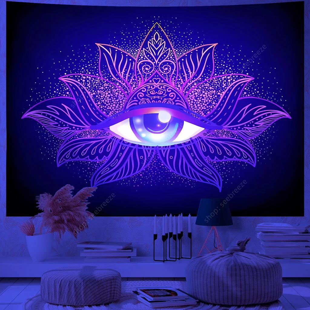 Psychedelic Eye of God UV Reactive Tapestry for Witchcraft Hippie Wall Hanging Bohemian Mandala Art Aesthetic Room Wall Decor