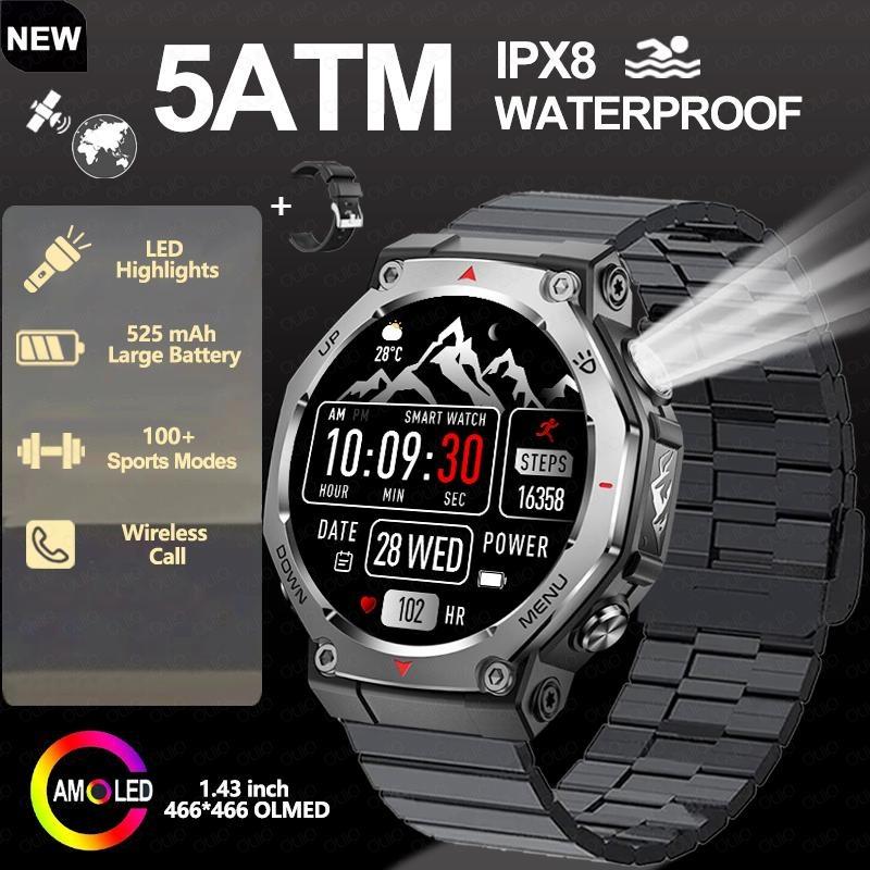 2026 New Flashlight-UV Light Smart Watch 5ATM Waterproof 1.43 Inch AMOLED Heart Rate 100 Sport Modes Bluetooth Call Smart Watch