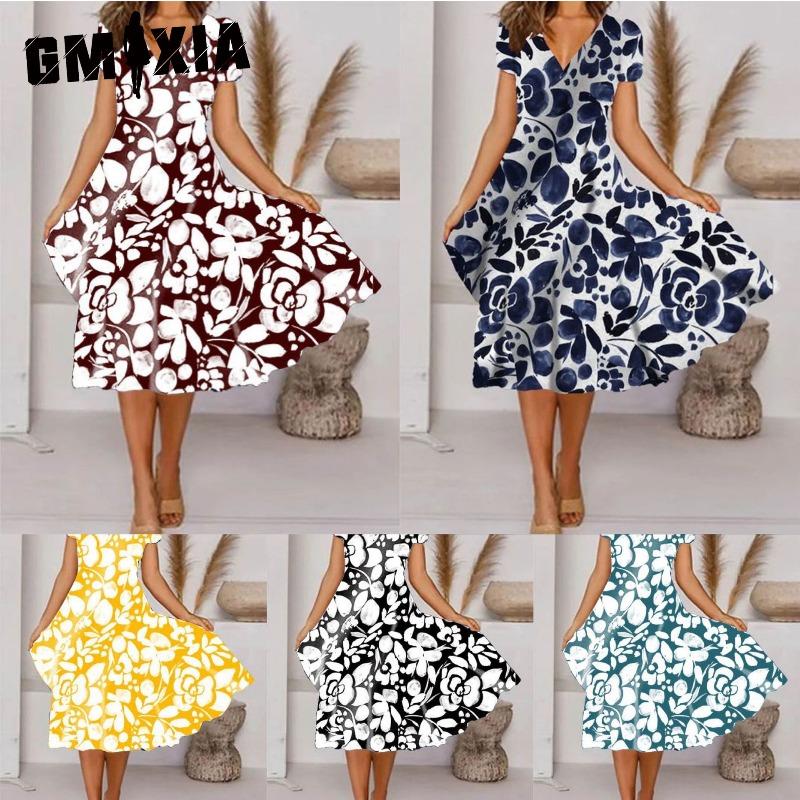 GMXIA Women's Fashion Summer Spring Short Sleeve V-Neck Casual Dresses
