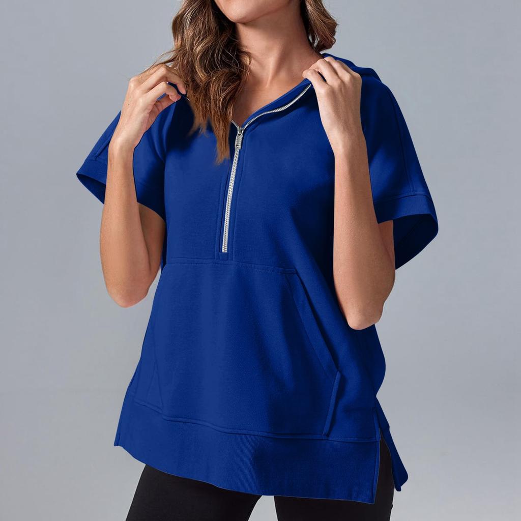 Women's Fashion Casual Color Half Zipper Pocket Short Sleeve Hoodie Top