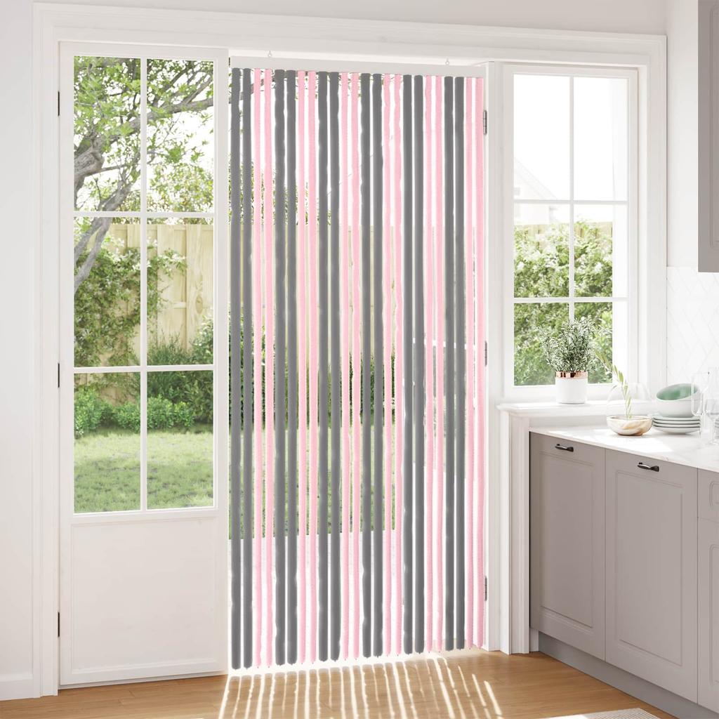 Insect Screen Door Curtain Chenille Silver Grey and Pink